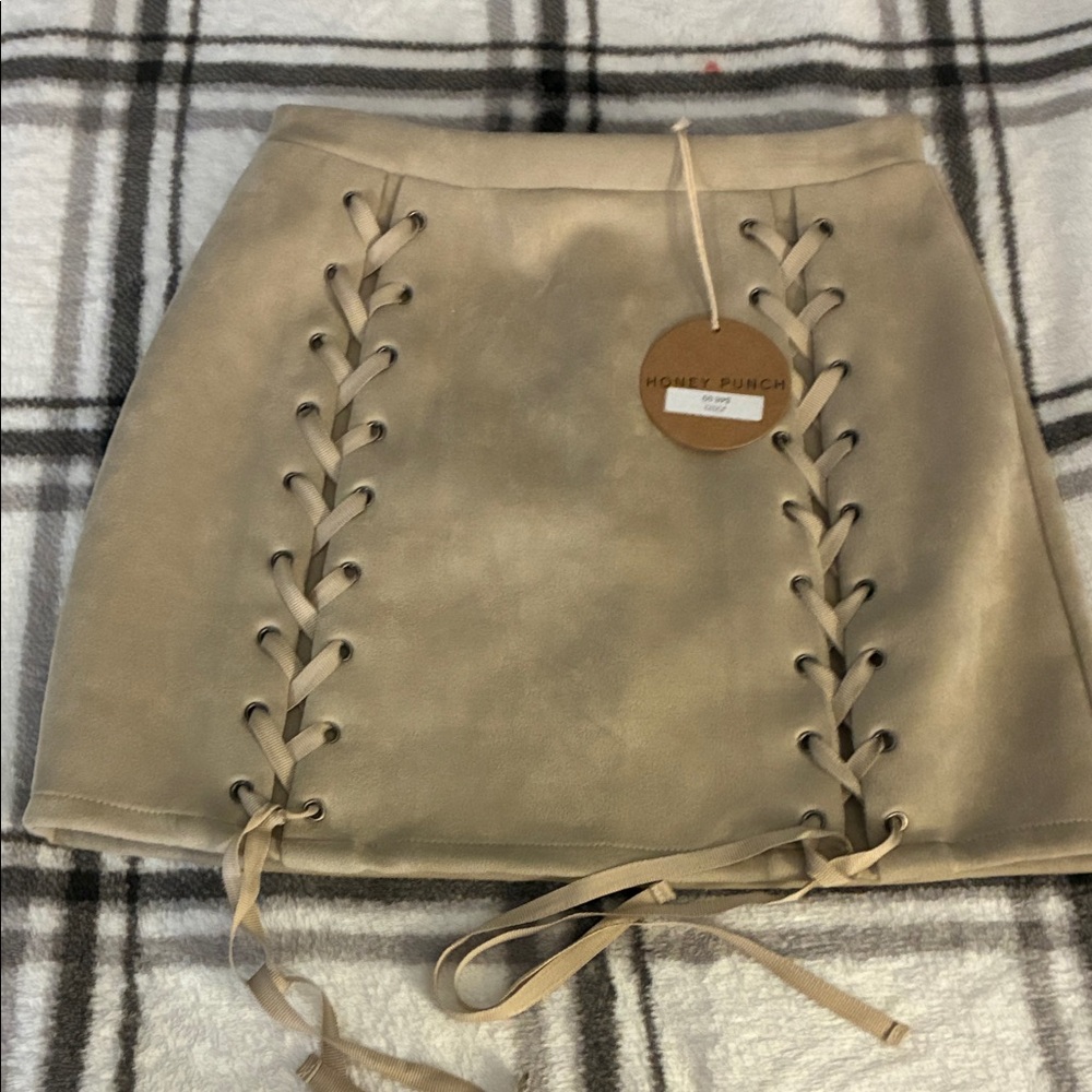 Honey Punch Beige Lace-Up Mini Skirt